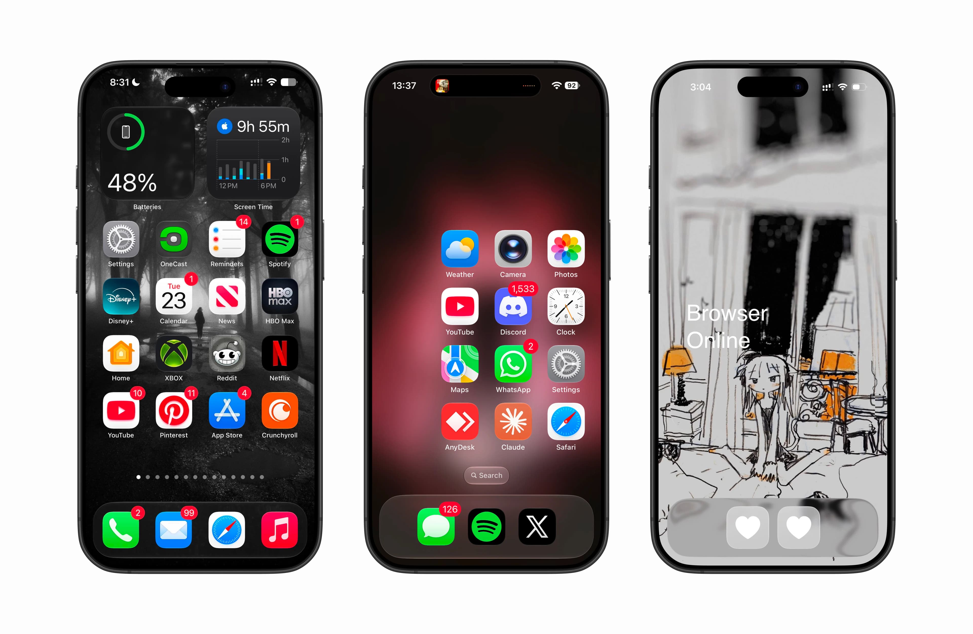 Three iPhone home screens side by side: one packed with widgets and a full grid of apps, one with a few apps clustered to the right, and one with only an illustrated wallpaper and two heart icons in the dock
